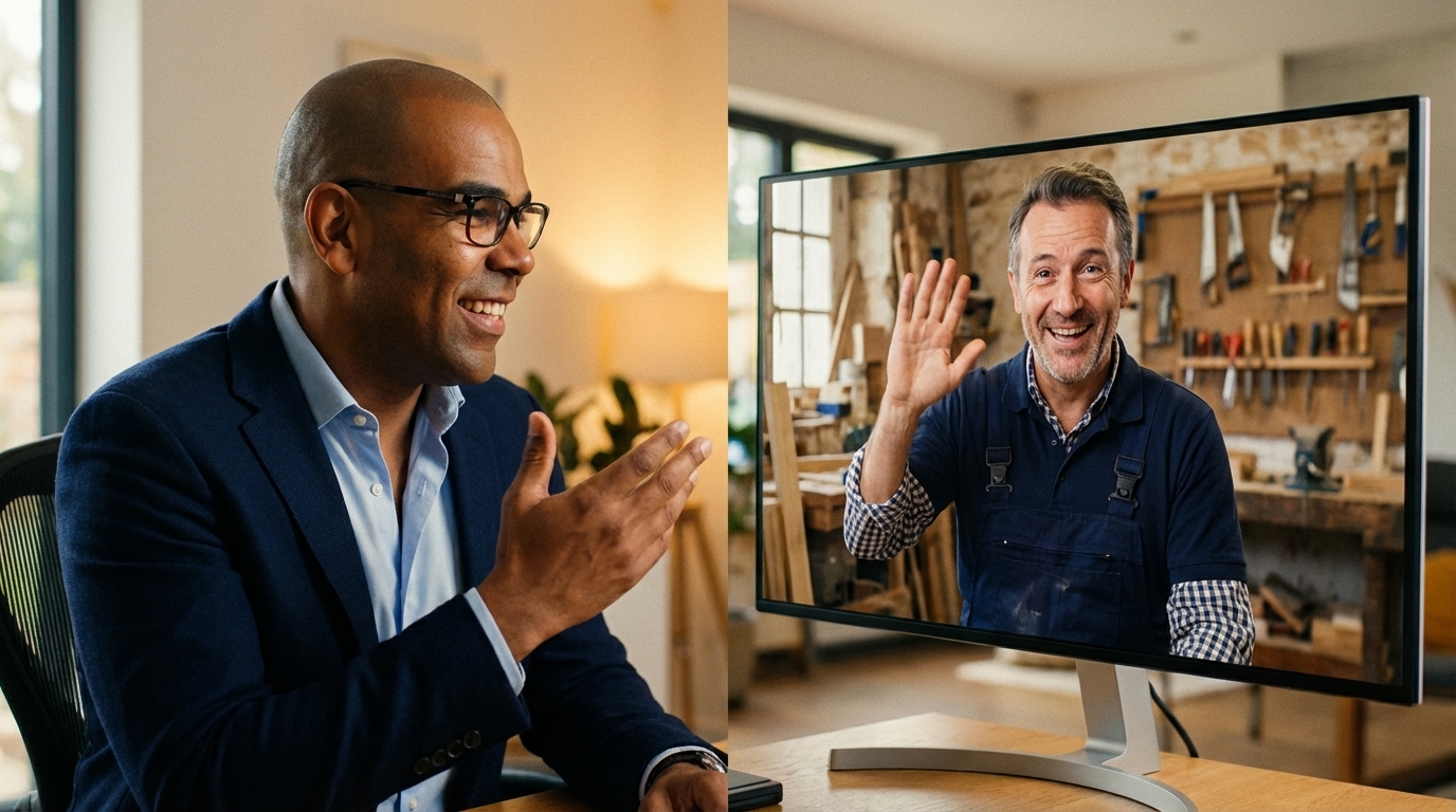 Stéphane en visioconférence avec un artisan, les deux souriants