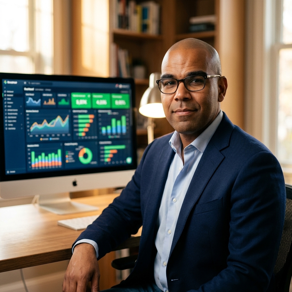 Stéphane dans son bureau devant ses dashboards de performance