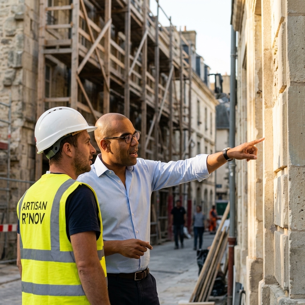 Stéphane sur un chantier de ravalement avec un artisan façadier