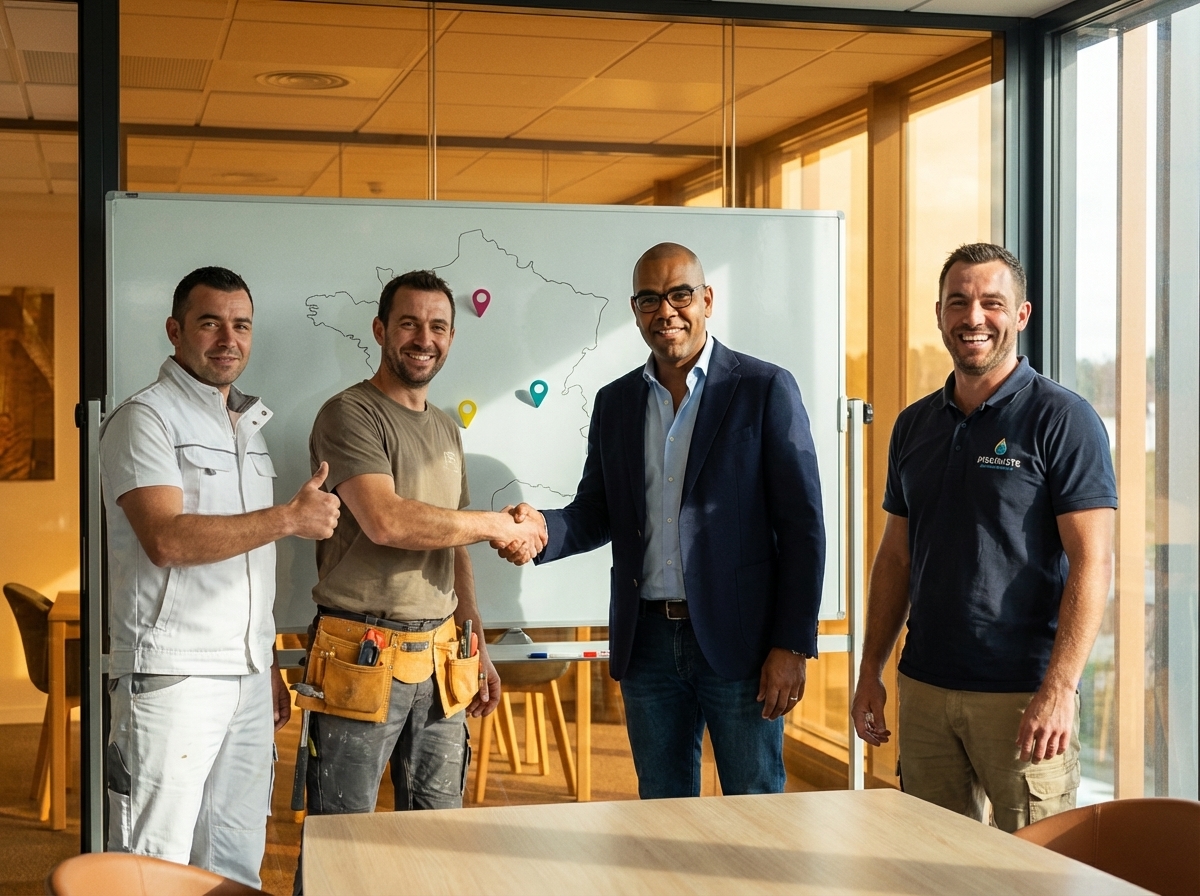 Stéphane avec ses 3 partenaires exclusifs : façadier, couvreur et pisciniste