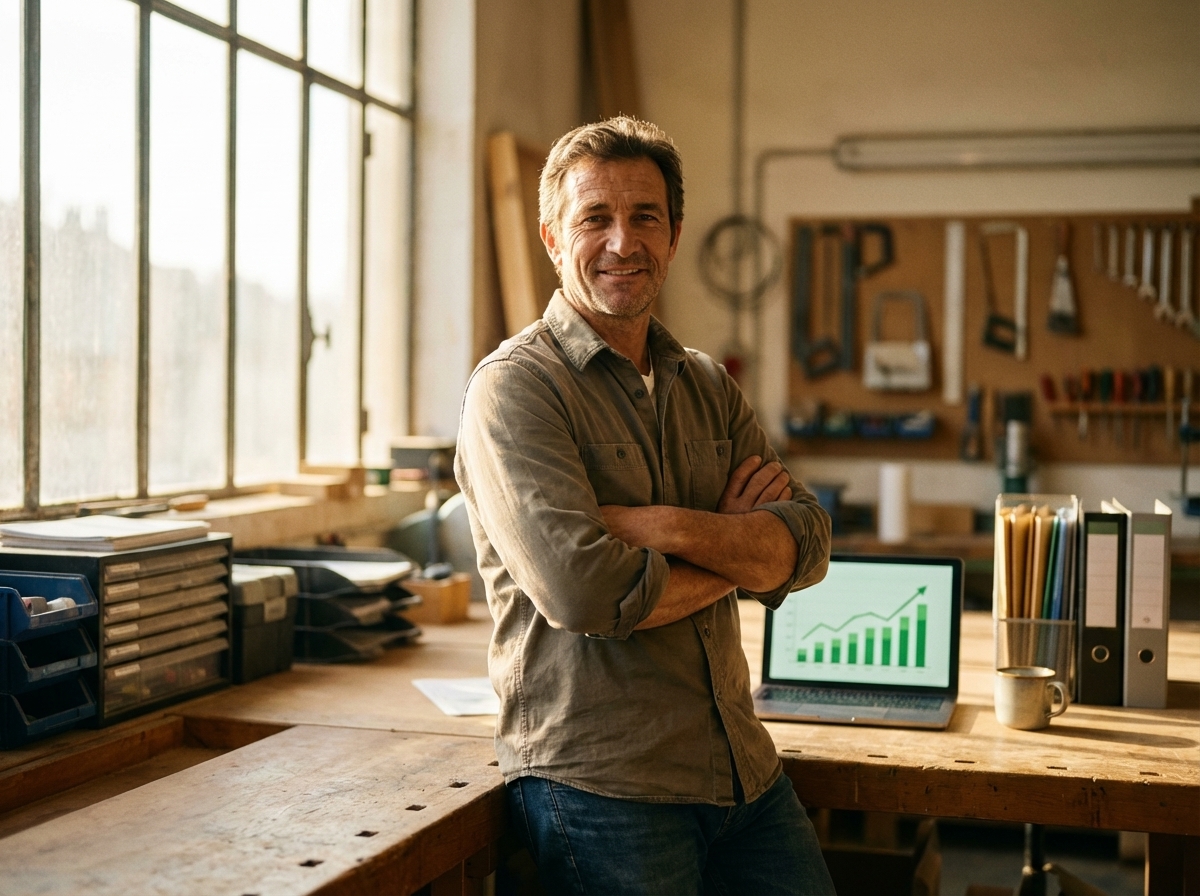 Un artisan entrepreneur confiant dans son atelier, le système travaille pour lui