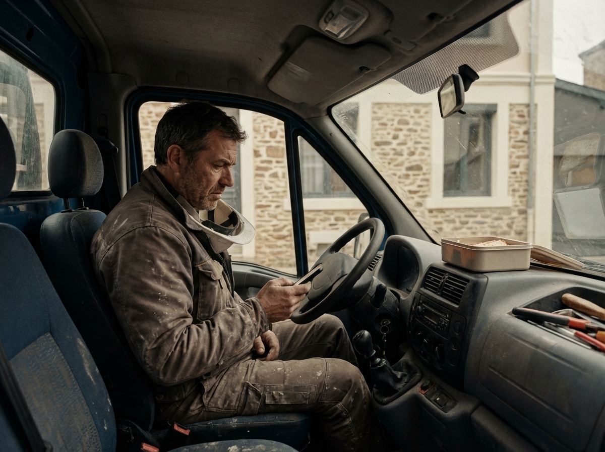 Un ravaleur dans son van, téléphone silencieux malgré son excellent travail