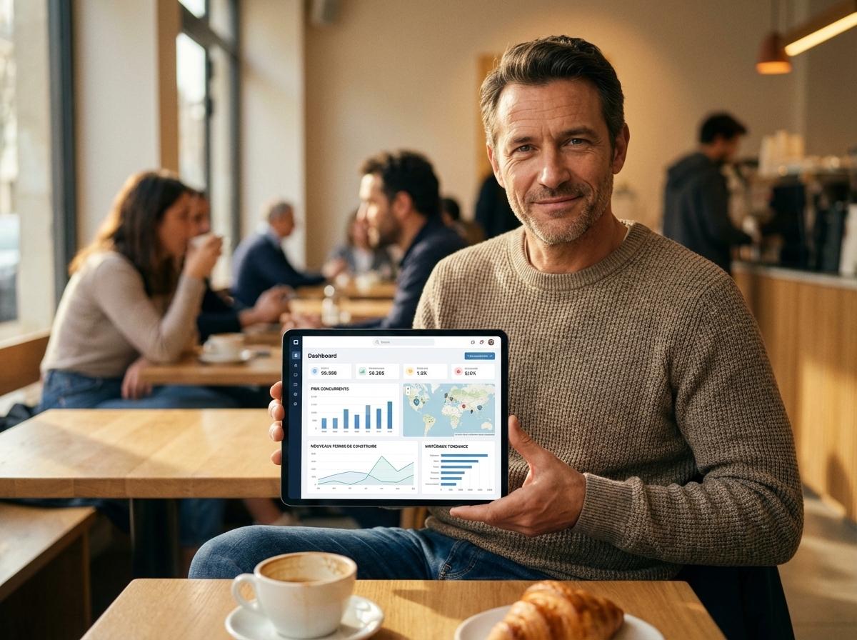 Un ravaleur repère des opportunités marché sur sa tablette dans un café