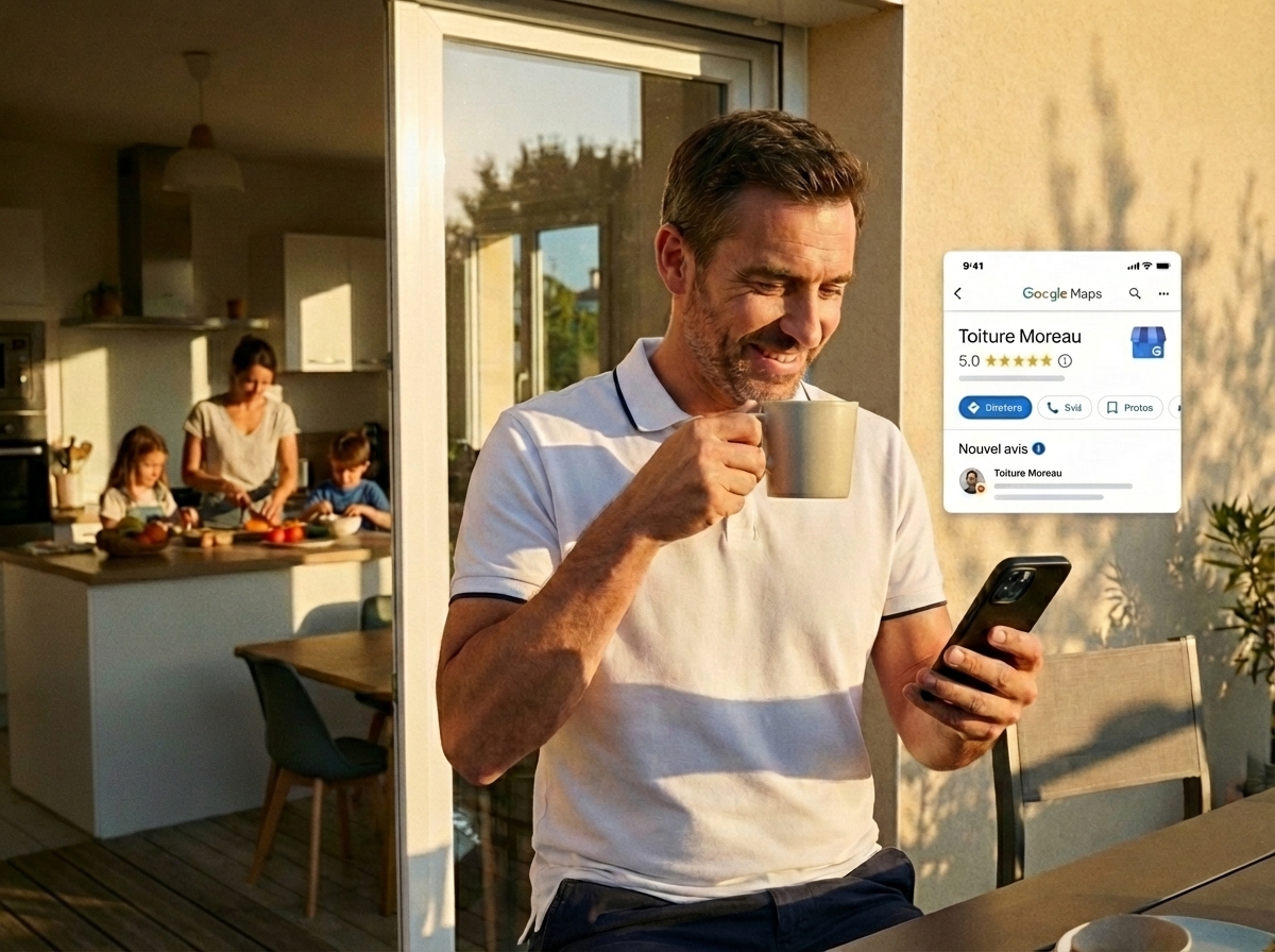 Un couvreur serein le matin, sa fiche Google est en tête des résultats