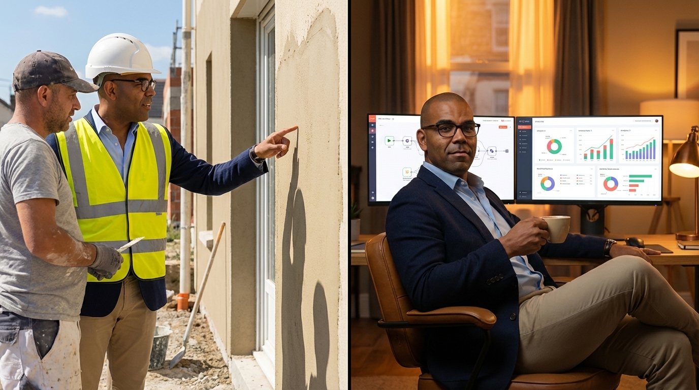 Stéphane sur un chantier avec un ravaleur, puis devant ses dashboards IA