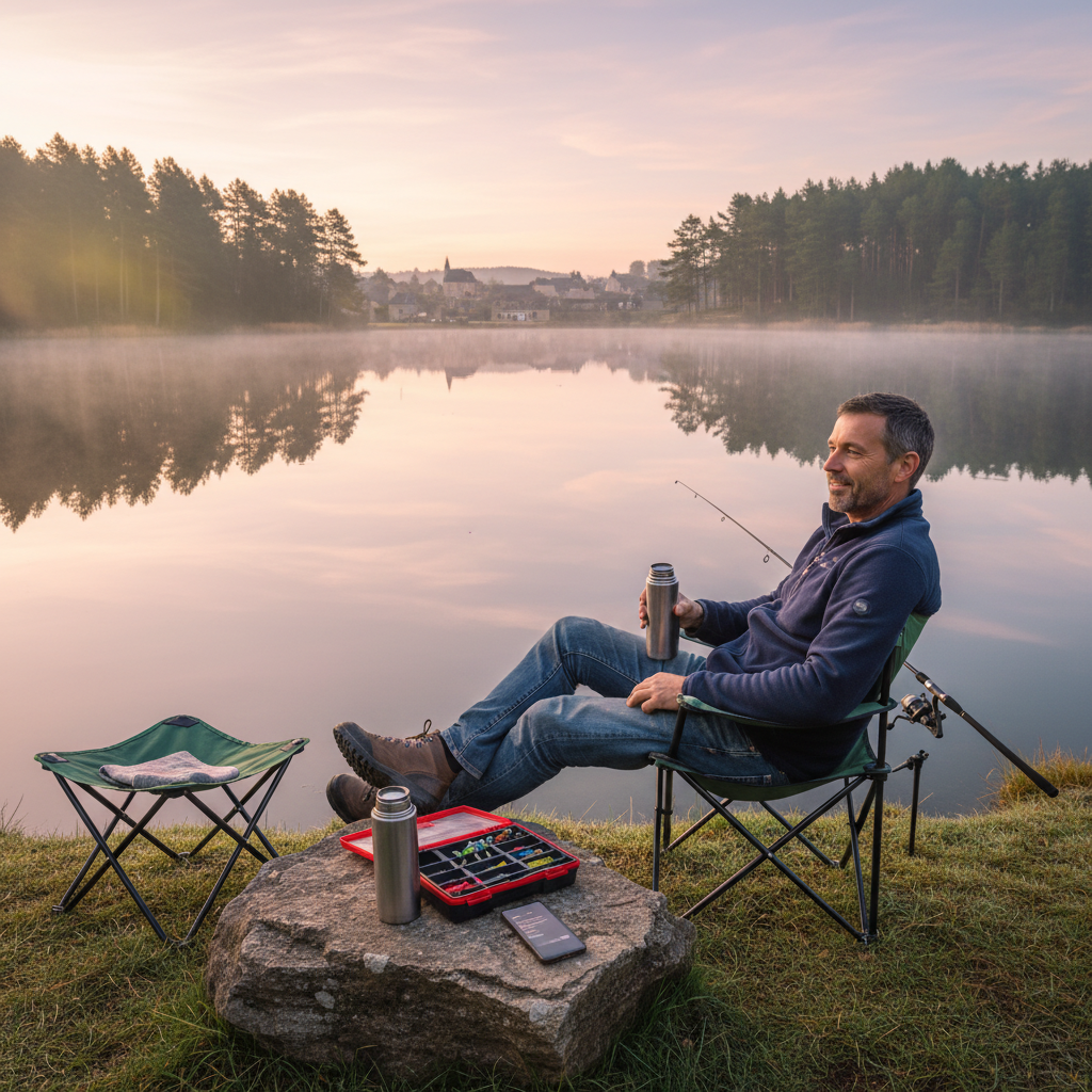 Un homme pêche tranquillement au bord d'un lac à l'aube — son téléphone est posé sur un rocher, ignoré