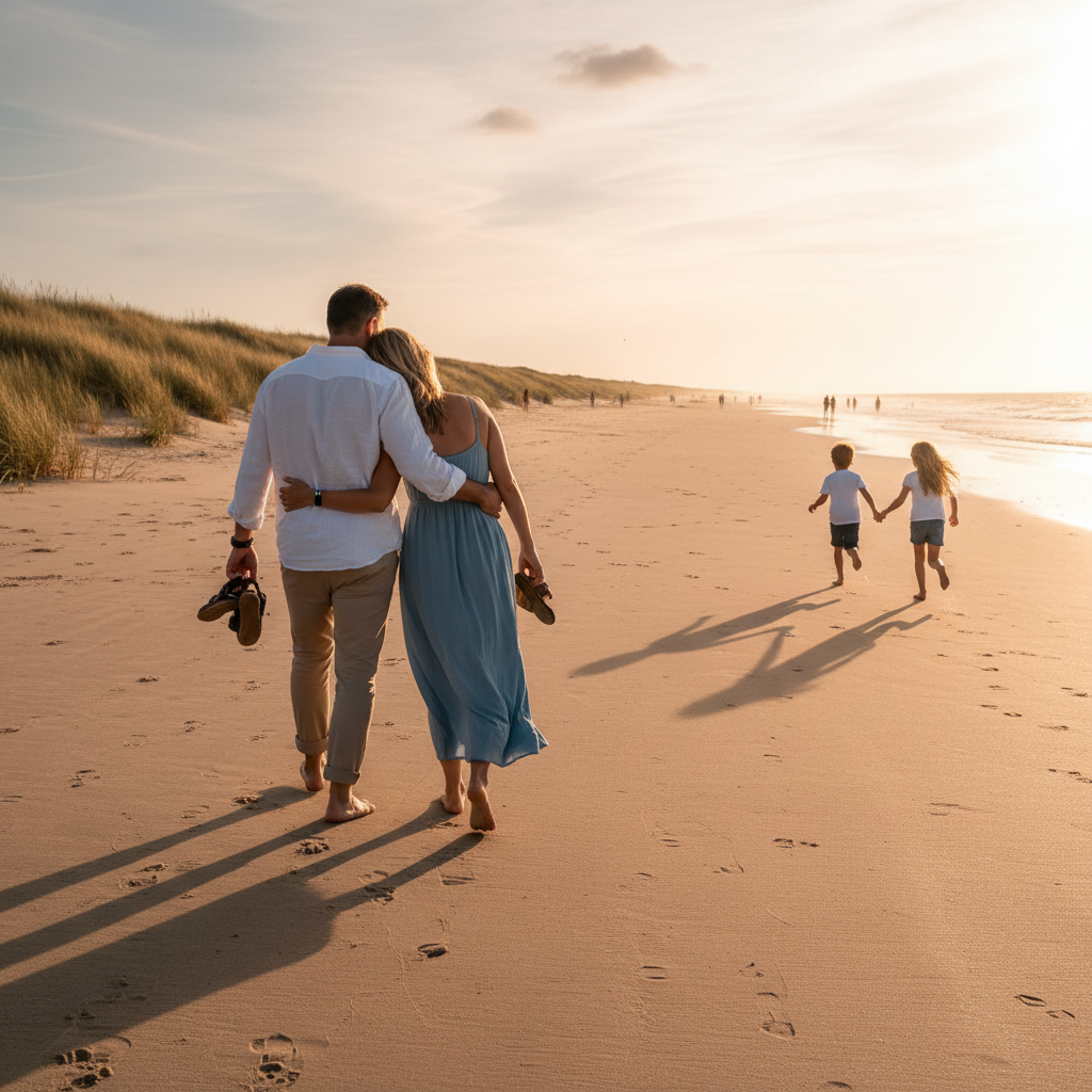 Une famille marche sur une plage atlantique au coucher du soleil