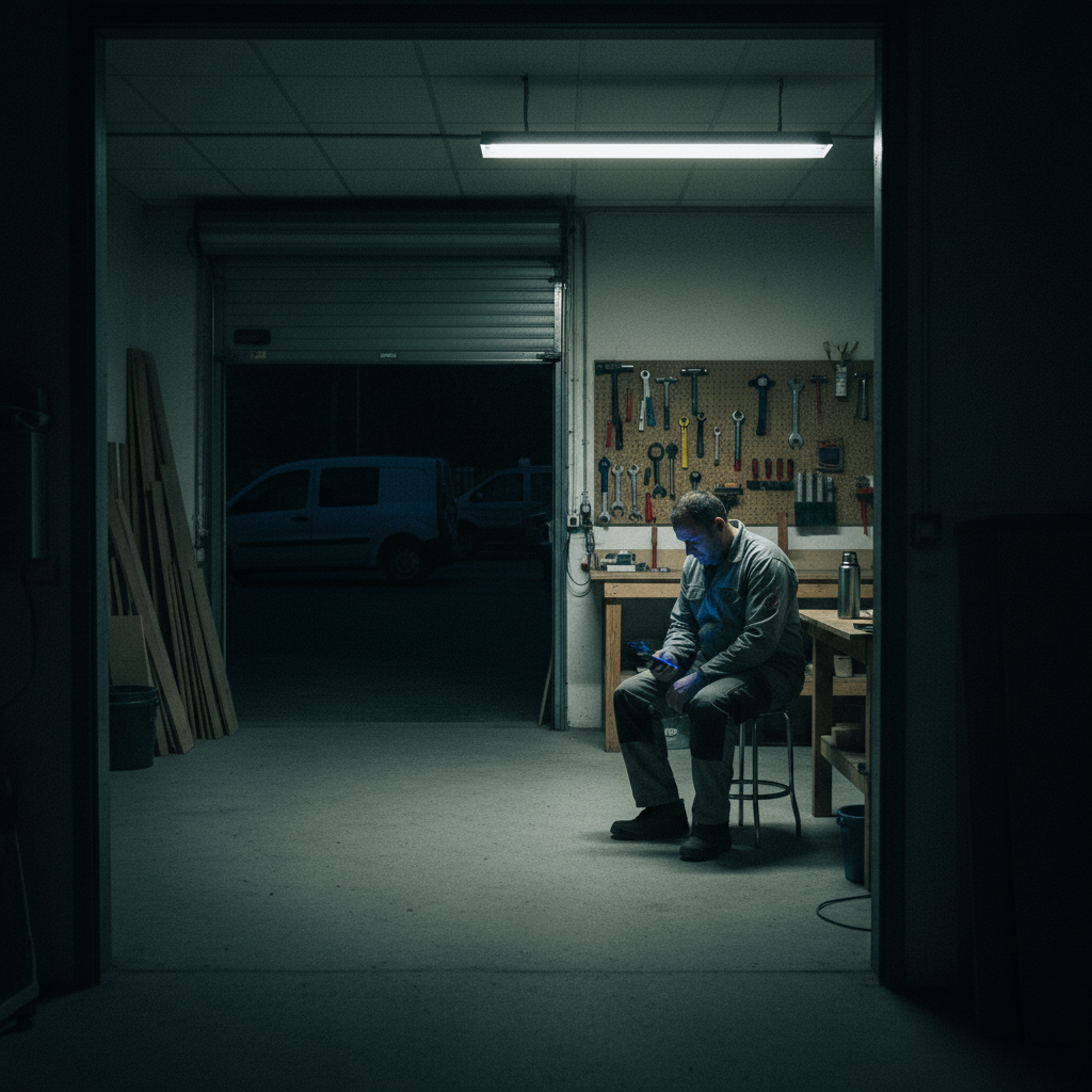 Un artisan seul dans son atelier la nuit