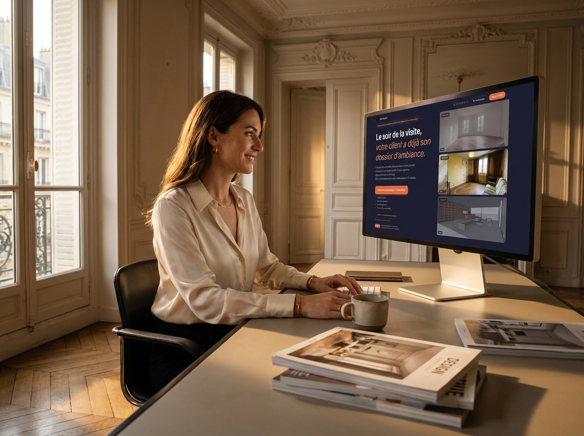 Une architecte d'intérieur consulte Novacasa sur son grand écran dans son appartement parisien